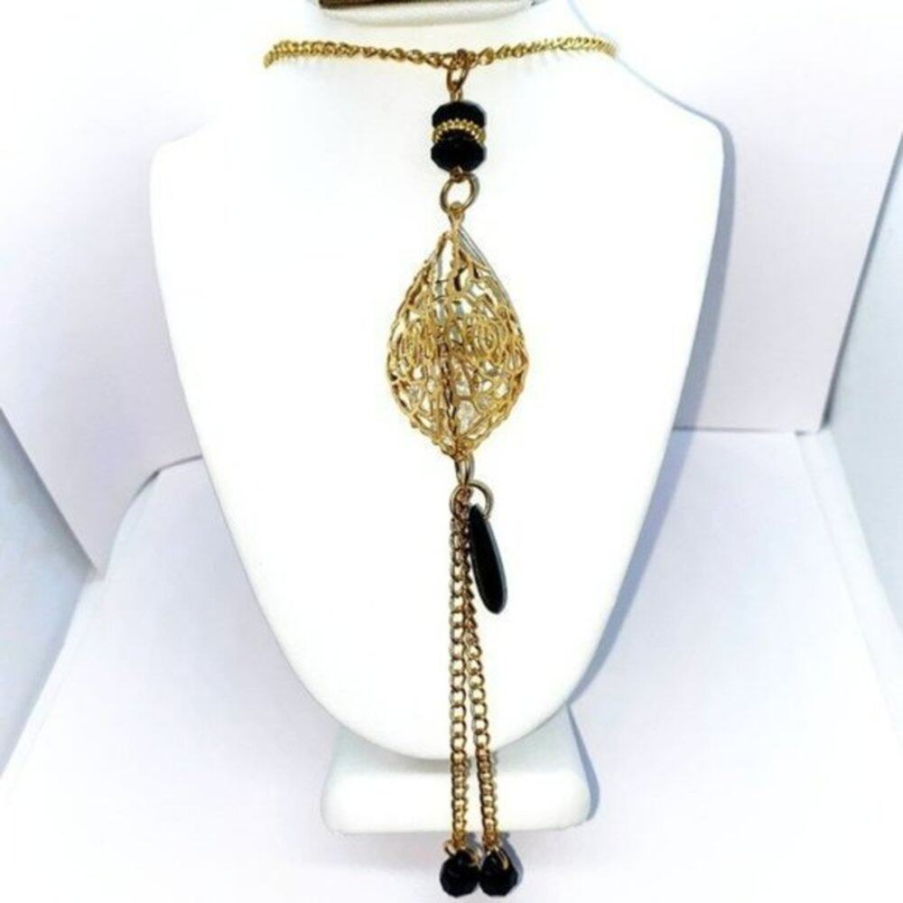 Gold-Tone Laser-Cut Rose 3D Pendant Bead Necklace